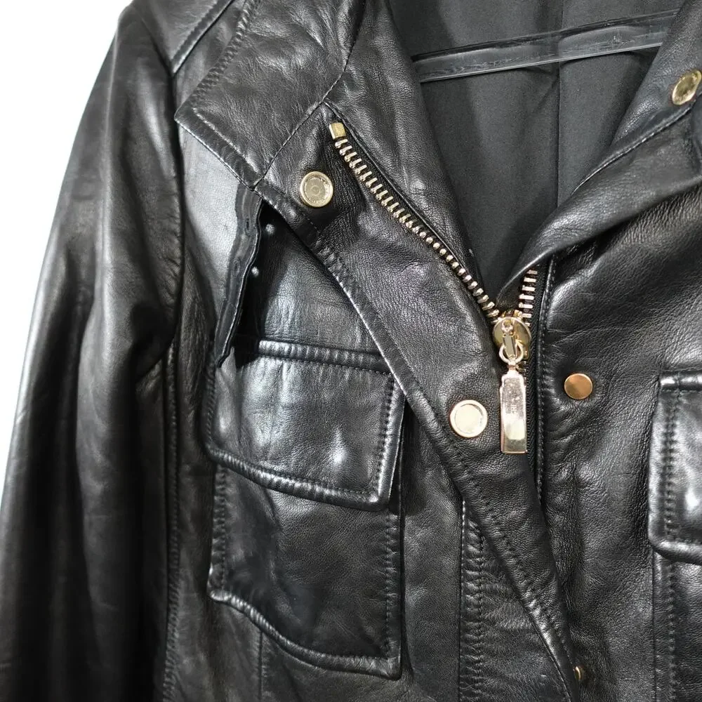Longhi Black Leather Collared Cargo Utility Moto Biker Jacket Men's 46 Small
